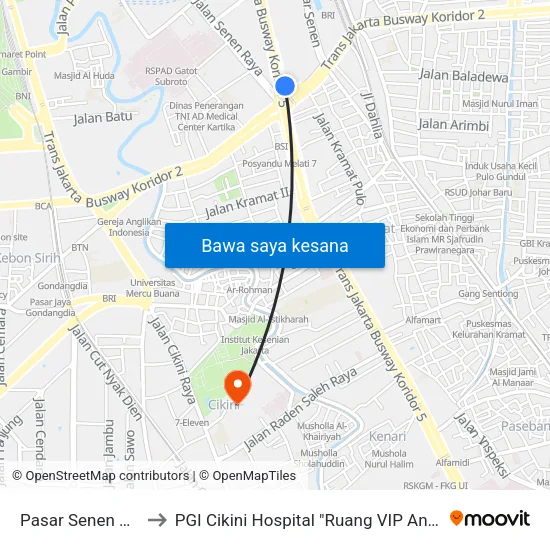 Pasar Senen Jaya to PGI Cikini Hospital "Ruang VIP Anggrek" map