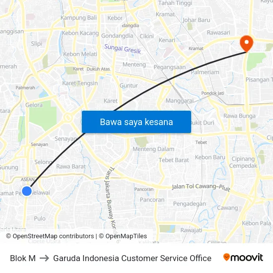Blok M to Garuda Indonesia Customer Service Office map