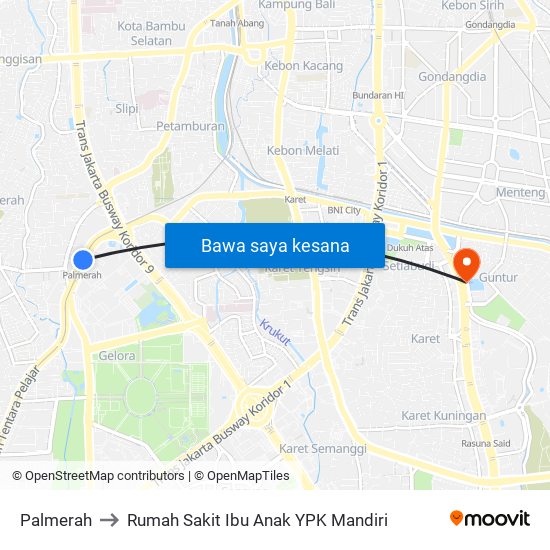 Palmerah to Rumah Sakit Ibu Anak YPK Mandiri map