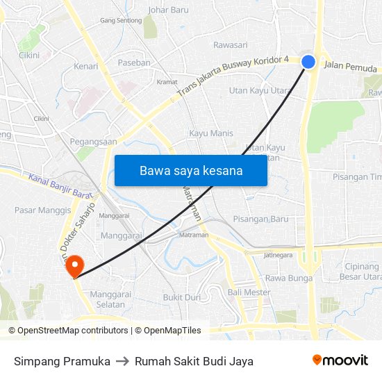 Simpang Pramuka to Rumah Sakit Budi Jaya map