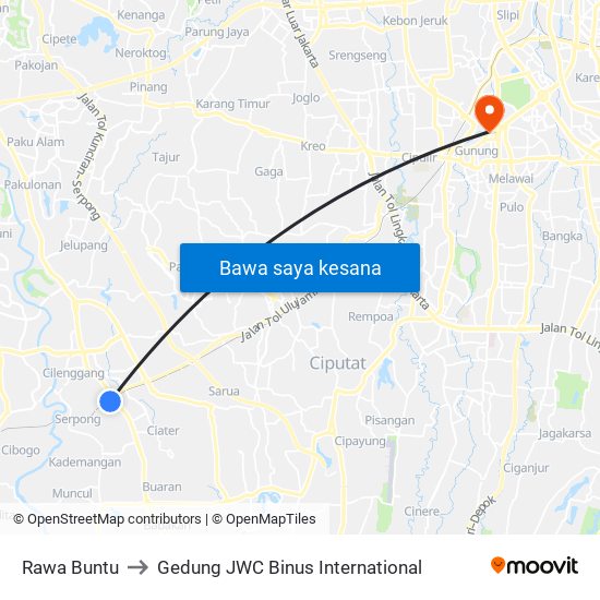 Rawa Buntu to Gedung JWC Binus International map