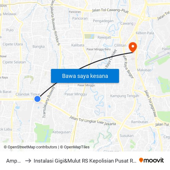 Ampera 1 to Instalasi Gigi&Mulut RS Kepolisian Pusat Raden Said Sukanto map