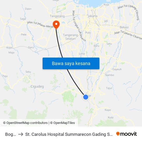 Bogor to St. Carolus Hospital Summarecon Gading Serpong map