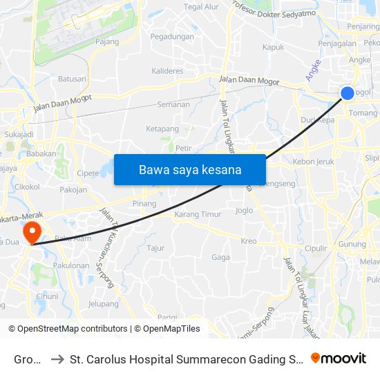 Grogol to St. Carolus Hospital Summarecon Gading Serpong map
