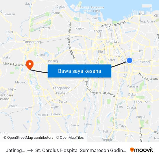 Jatinegara to St. Carolus Hospital Summarecon Gading Serpong map