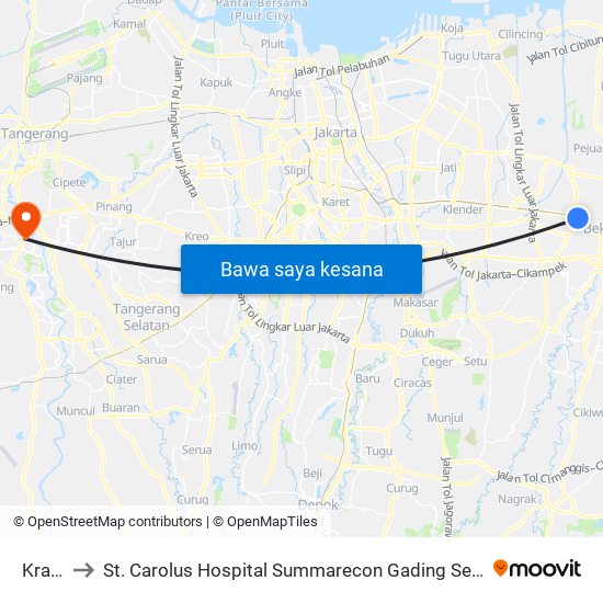 Kranji to St. Carolus Hospital Summarecon Gading Serpong map
