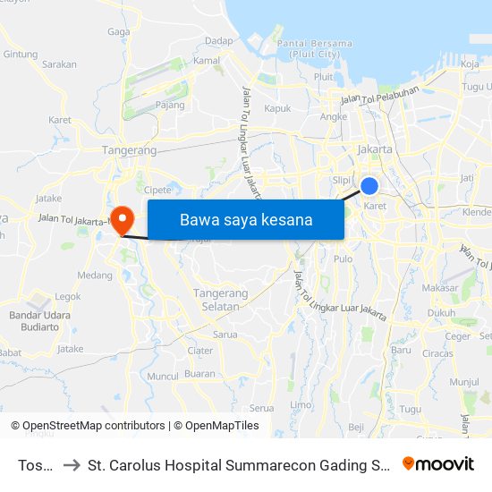 Tosari to St. Carolus Hospital Summarecon Gading Serpong map