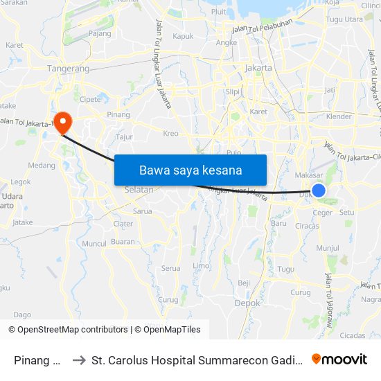 Pinang Ranti to St. Carolus Hospital Summarecon Gading Serpong map