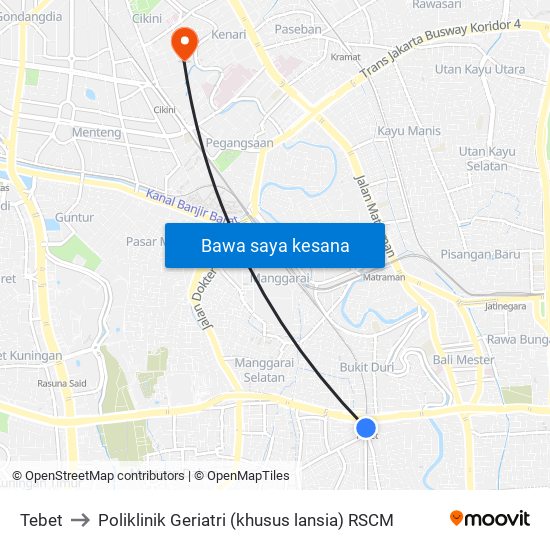 Tebet to Poliklinik Geriatri (khusus lansia) RSCM map