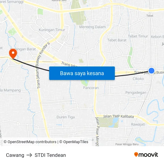 Cawang to STDI Tendean map
