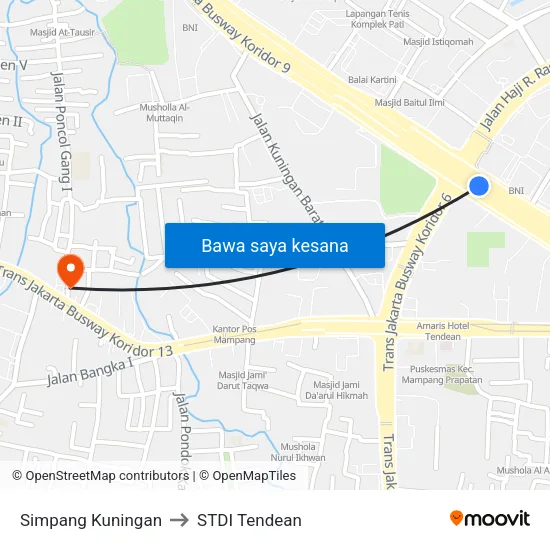 Simpang Kuningan to STDI Tendean map