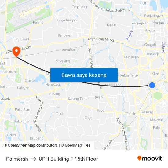 Palmerah to UPH Building F 15th Floor map