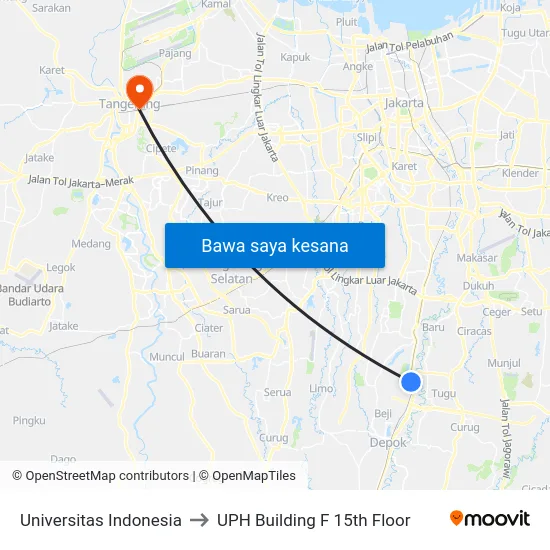Universitas Indonesia to UPH Building F 15th Floor map