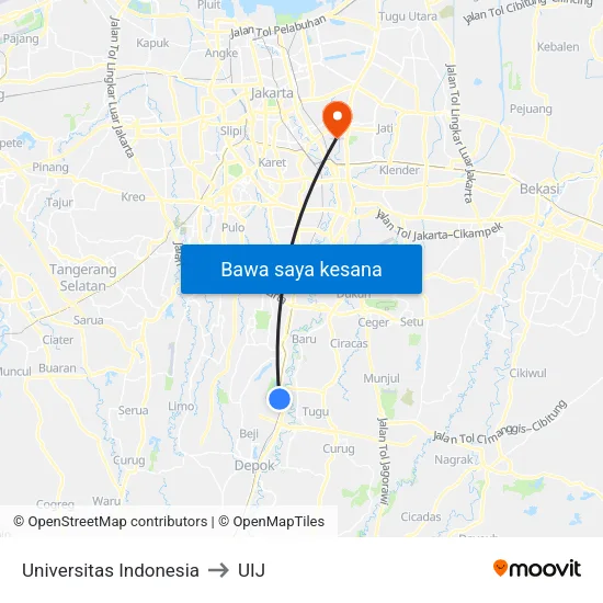 Universitas Indonesia to UIJ map