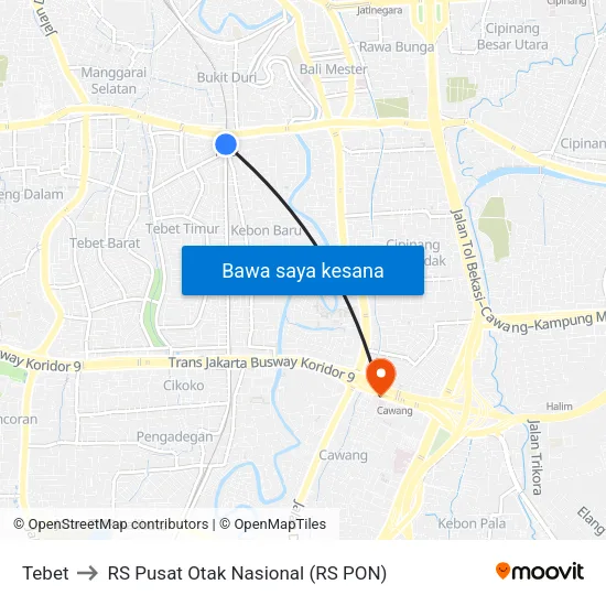 Tebet to RS Pusat Otak Nasional (RS PON) map