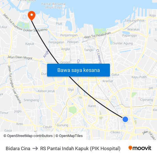 Bidara Cina to RS Pantai Indah Kapuk (PIK Hospital) map