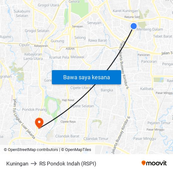 Kuningan to RS Pondok Indah (RSPI) map