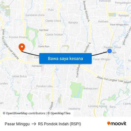 Pasar Minggu to RS Pondok Indah (RSPI) map