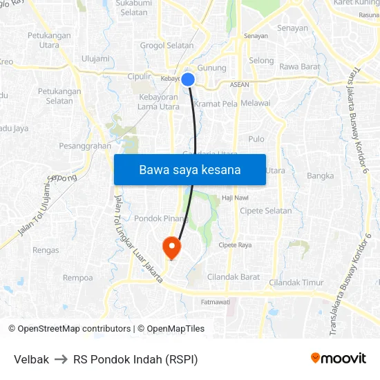 Velbak to RS Pondok Indah (RSPI) map