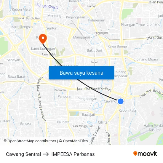 Cawang Sentral to IMPEESA Perbanas map