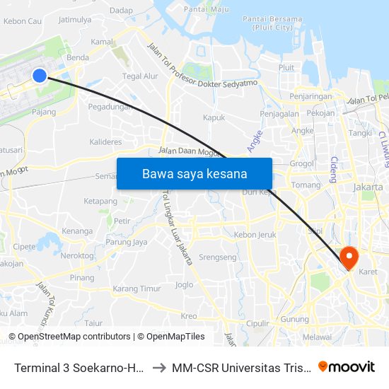 Terminal 3 Soekarno-Hatta to MM-CSR Universitas Trisakti map