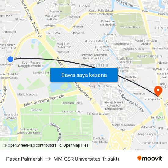 Pasar Palmerah to MM-CSR Universitas Trisakti map