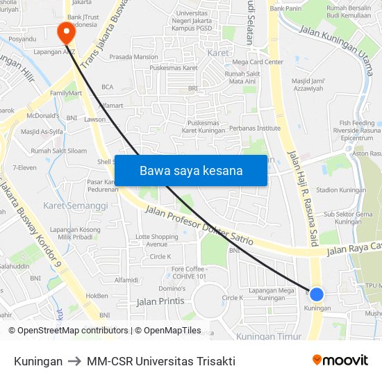 Kuningan to MM-CSR Universitas Trisakti map