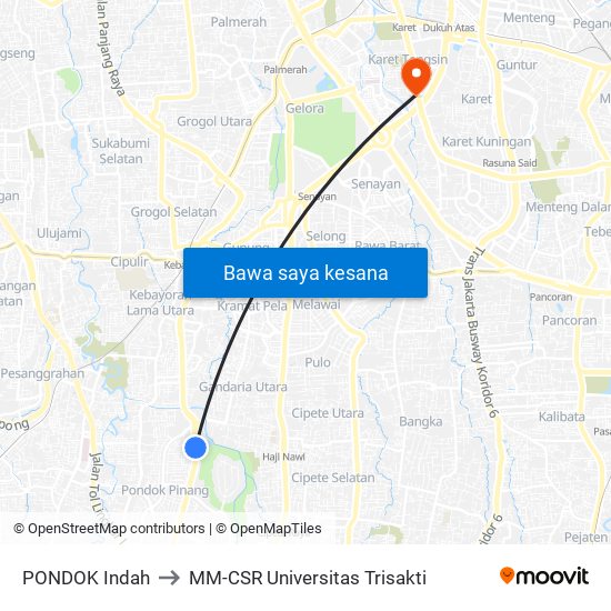 PONDOK Indah to MM-CSR Universitas Trisakti map