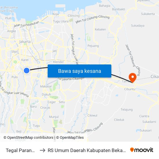 Tegal Parang Arah Timur to RS Umum Daerah Kabupaten Bekasi (RSUD Kabupaten Bekasi) map