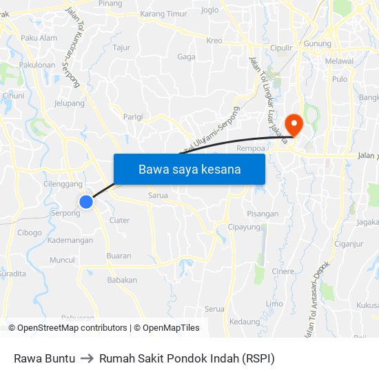 Rawa Buntu to Rumah Sakit Pondok Indah (RSPI) map