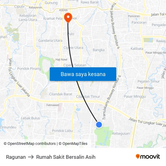 Ragunan to Rumah Sakit Bersalin Asih map