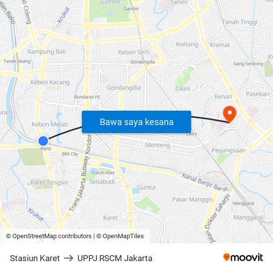 Stasiun Karet to UPPJ RSCM Jakarta map