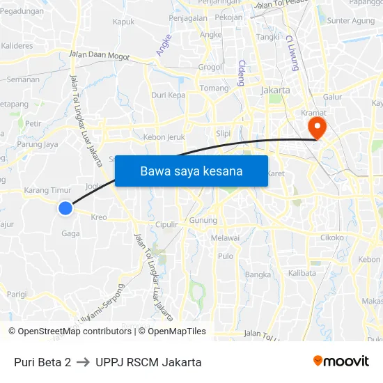 Puri Beta 2 to UPPJ RSCM Jakarta map