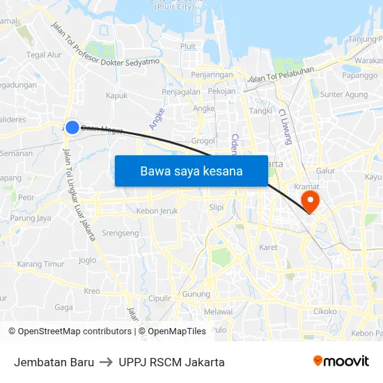 Jembatan Baru to UPPJ RSCM Jakarta map
