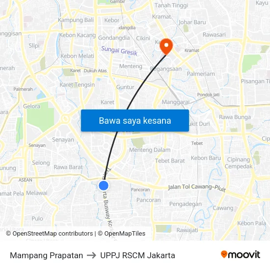 Mampang Prapatan to UPPJ RSCM Jakarta map