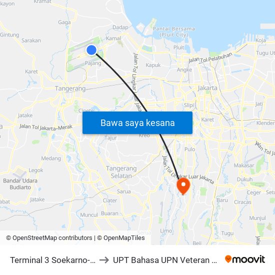 Terminal 3 Soekarno-Hatta to UPT Bahasa UPN Veteran Jakarta map