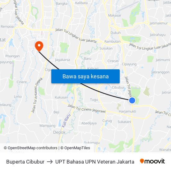 Buperta Cibubur to UPT Bahasa UPN Veteran Jakarta map