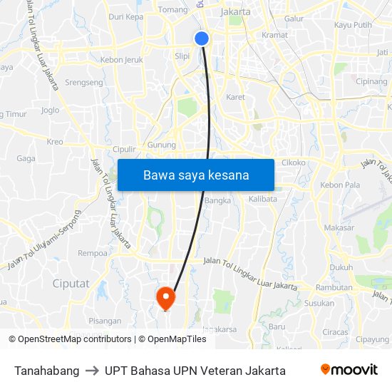 Tanahabang to UPT Bahasa UPN Veteran Jakarta map