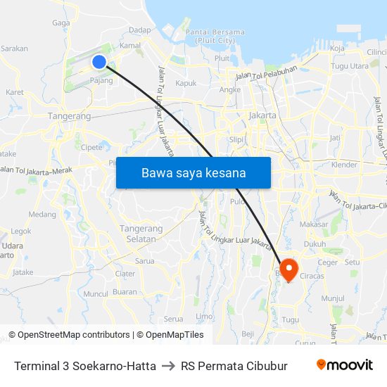 Terminal 3 Soekarno-Hatta to RS Permata Cibubur map