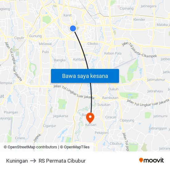 Kuningan to RS Permata Cibubur map