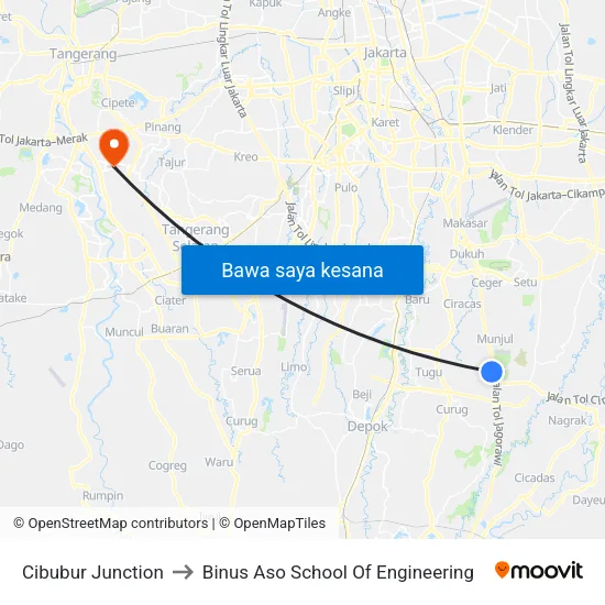 Cibubur Junction to Binus Aso School Of Engineering map