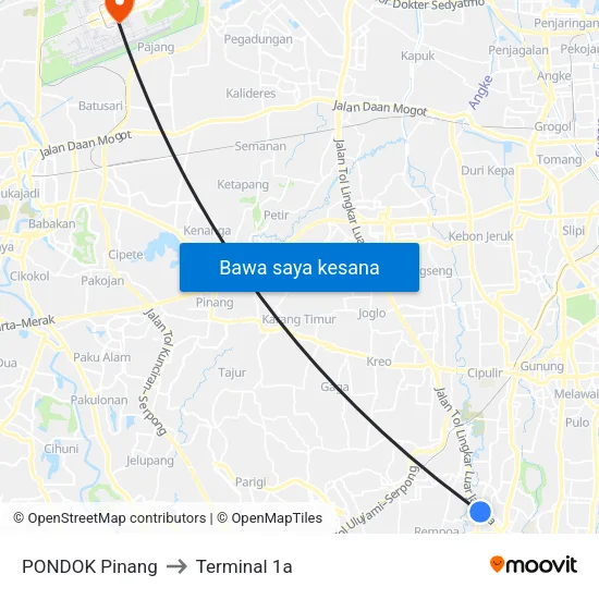 PONDOK Pinang to Terminal 1a map