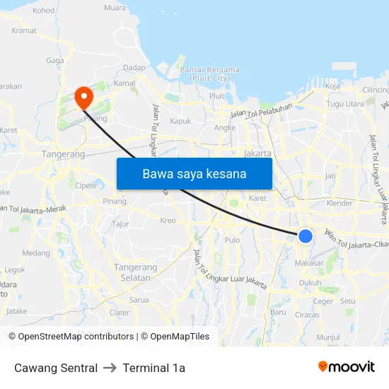 Cawang Sentral to Terminal 1a map