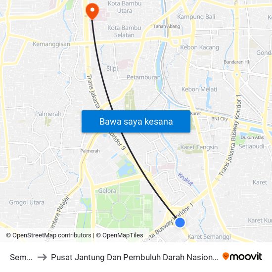 Semanggi to Pusat Jantung Dan Pembuluh Darah Nasional Rumah Sakit Harapan Kita map