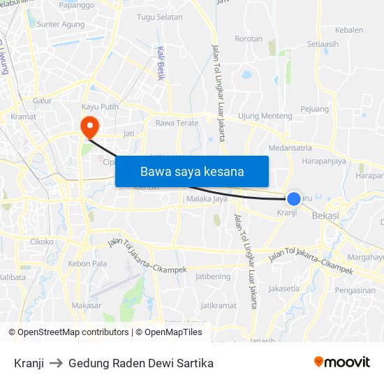 Kranji to Gedung Raden Dewi Sartika map