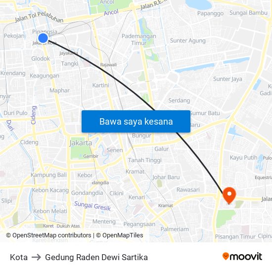 Kota to Gedung Raden Dewi Sartika map