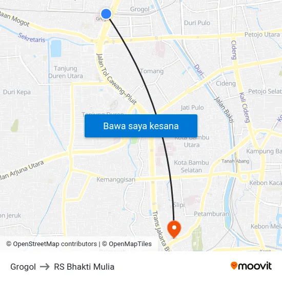 Grogol to RS Bhakti Mulia map
