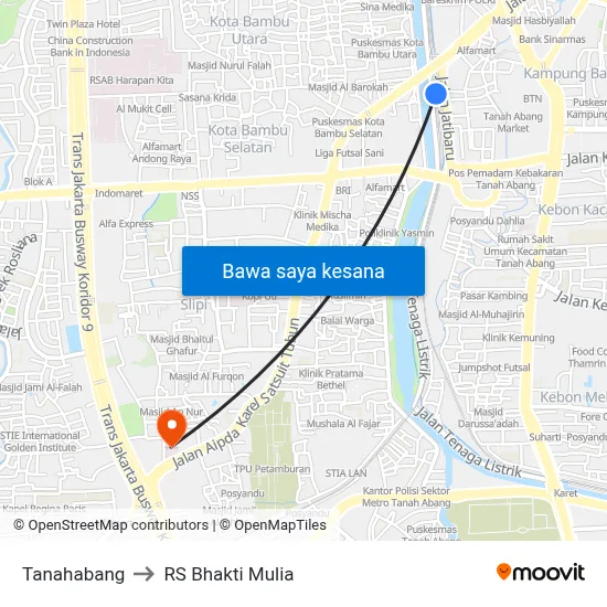 Tanahabang to RS Bhakti Mulia map