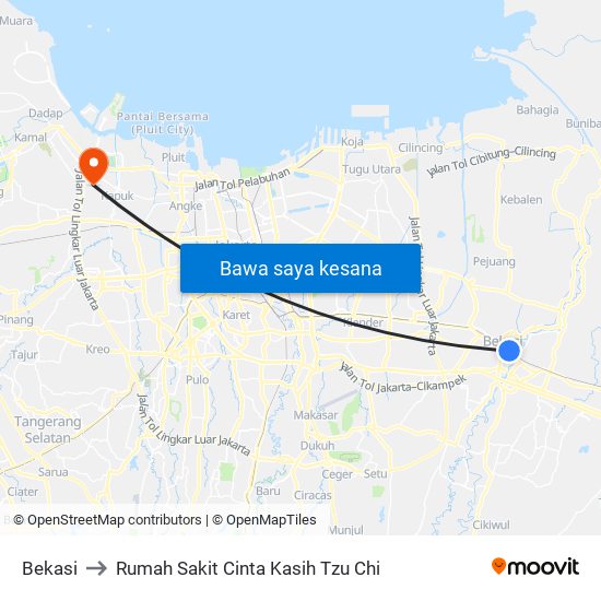 Bekasi to Rumah Sakit Cinta Kasih Tzu Chi map