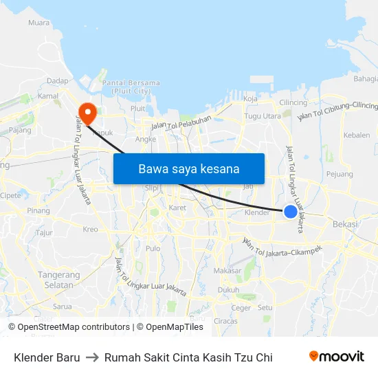 Klender Baru to Rumah Sakit Cinta Kasih Tzu Chi map